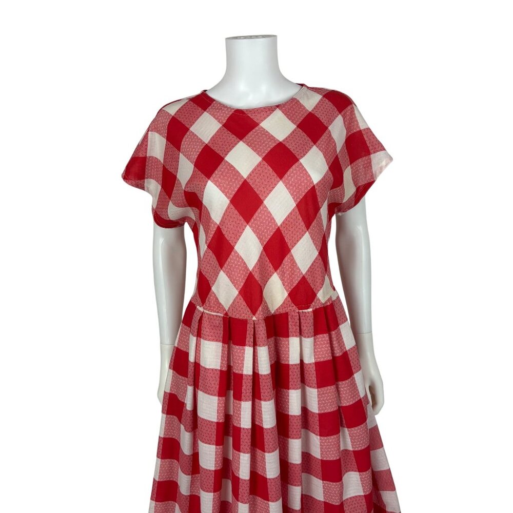Vintage 80s Checkered Dress Womens Large Red White Picnic Gingham Fit And Flare - Picture 3 of 10